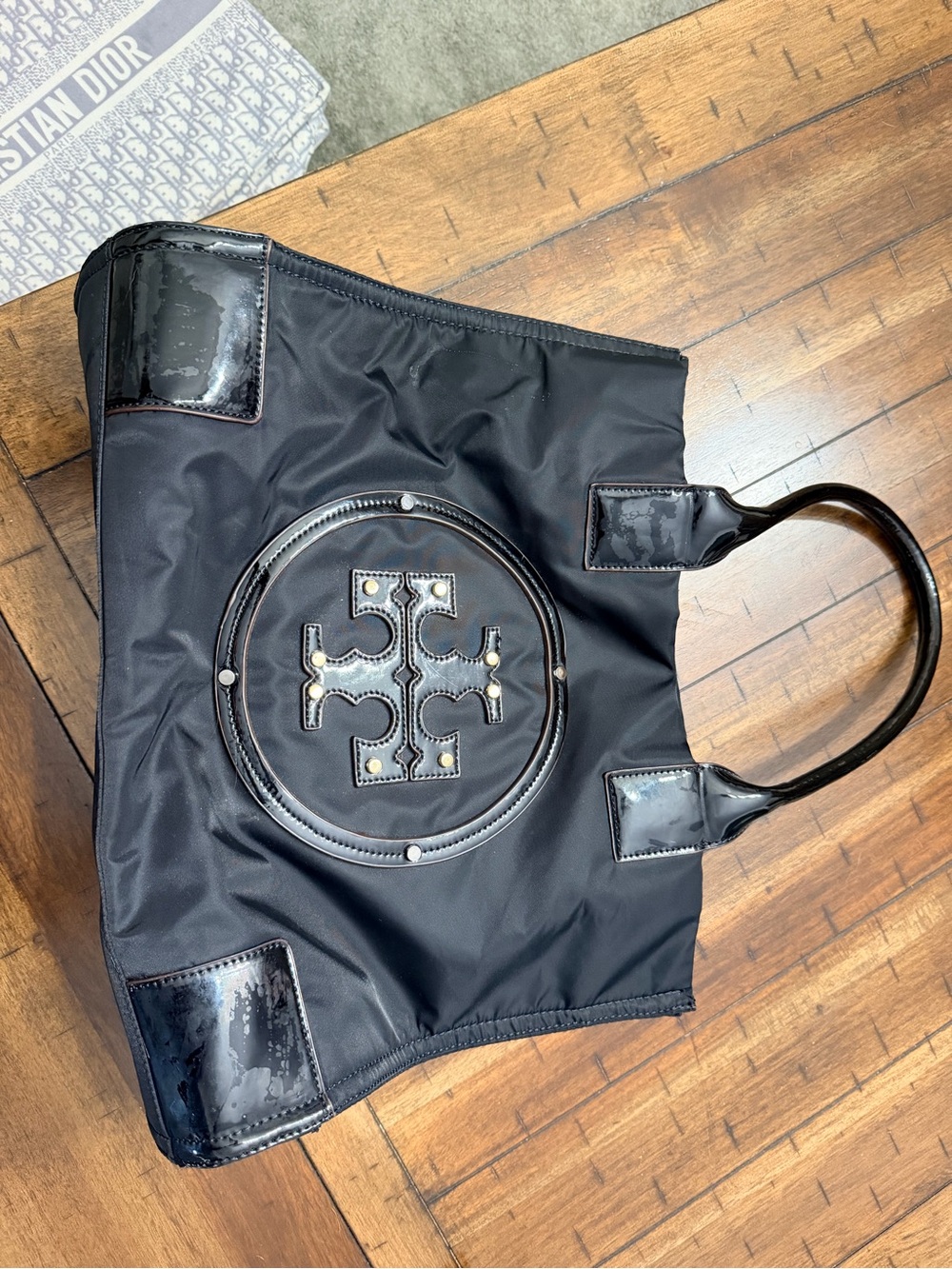 Tory Burch Black Nylon Tote with Patent Trim and Logo Medallion